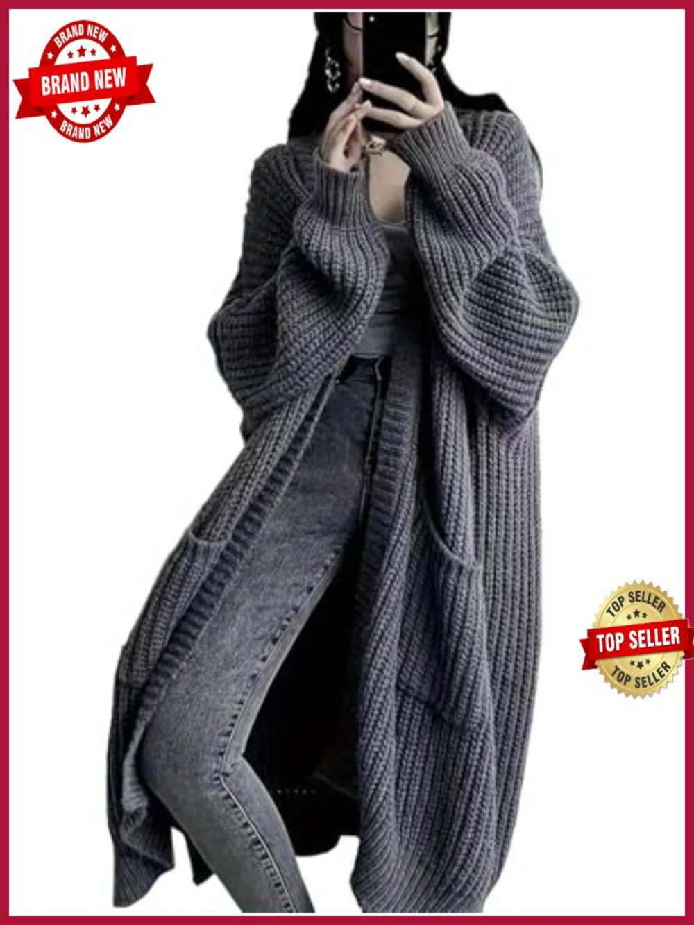Womens Long Open Front Cable Knit Cardigan Duster with Pockets